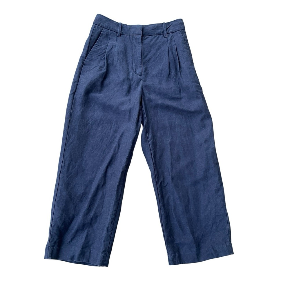 Aritzia Effortless Pant Blue Linen Blend Wide Leg Cropped Trousers , Size‎ 4
